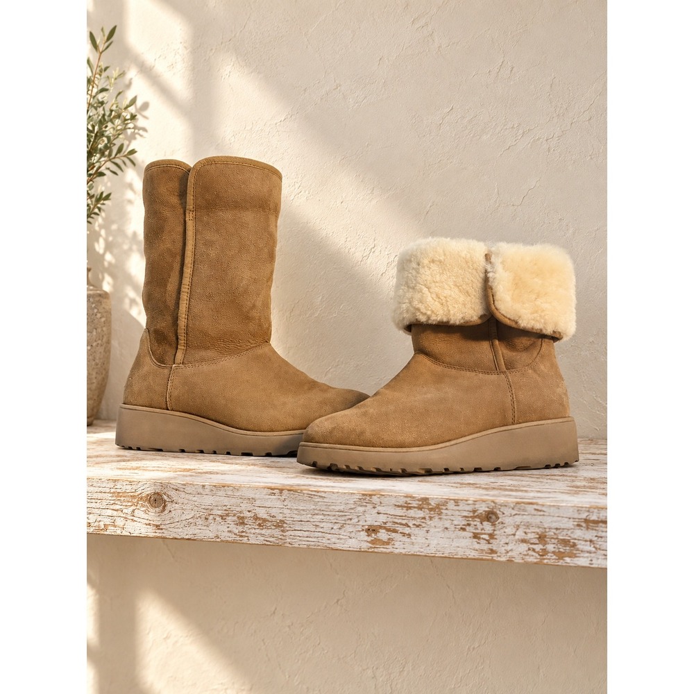 UGG Amie Classic Chestnut Suede Shearling Slim Wedge Boots 1013428 Size 10